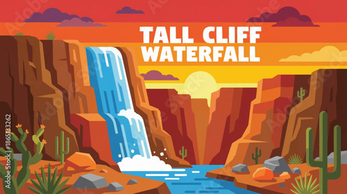tall waterfall plunges from a steep cliff into a deep canyon, showcasing scale, gravity, vertical motion, and dramatic contrast within rugged natural terrain