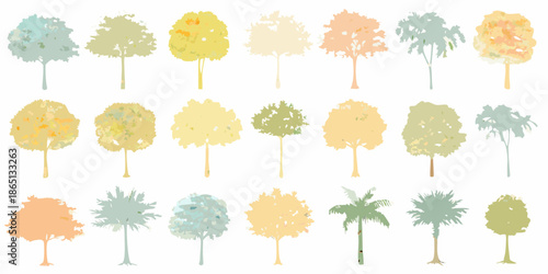 A colorful collection of stylized trees in various shapes and hues