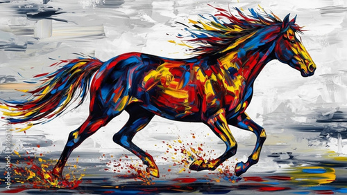 Vibrant colorful horse running with dynamic brush strokes and splashes of paint on a grey background with white space