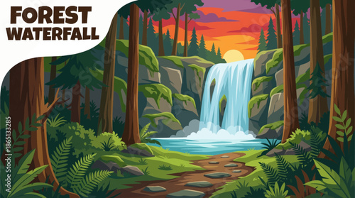 forest waterfall flows beside a woodland path, creating a peaceful scene that blends flowing water, trees, moss, and soft natural textures