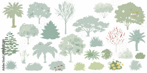 A collection of various tree types illustrated in muted green and gray tones