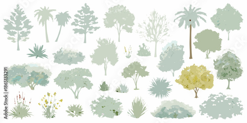 A collection of stylized trees and bushes in varying shades of green