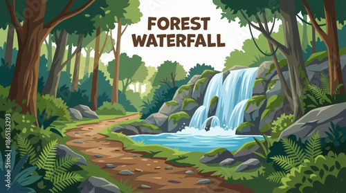 forest waterfall flows beside a woodland path, creating a peaceful scene that blends flowing water, trees, moss, and soft natural textures