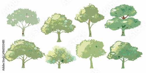 A collection of diverse green trees in a simple illustrative style
