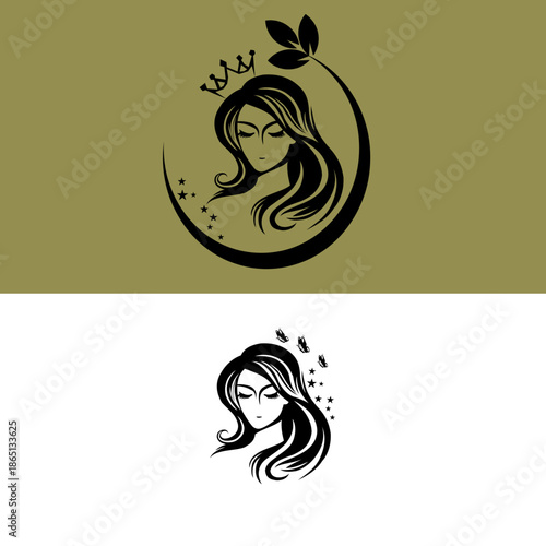 beauty woman logo design for salon, makeover, hair stylist, hair cut. beauty vector with leaf, crown and butterfly logo design. beauty logo with leaf, crown and butterfly logo design elegant
