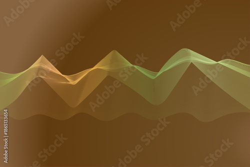 Abstract vector illustration of a sunset over an Egyptian desert landscape featuring orange sand dunes and the Giza pyramids with silhouettes of camels trekking near a snowy mountain peak