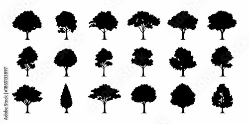 Collection of diverse black silhouette trees against a plain white background