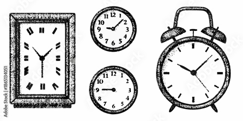 Vintage clocks illustration wall desk and alarm timepieces in black and white