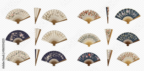 Set of traditional Japanese and Chinese folding fans with floral patterns and ornaments.