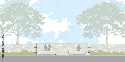 A serene landscape featuring trees a wall and figures in a park setting