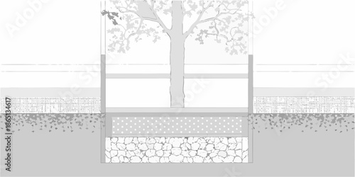 A grayscale illustration of a tree with layered ground and architectural elements