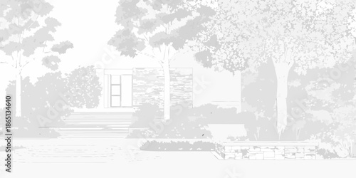 Modern home exterior with stone facade and surrounding lush greenery