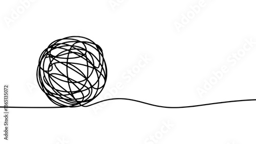 Minimalist black line drawing of a tangled yarn ball on a curved ground line, sketchy doodle style, vector illustration, monochrome