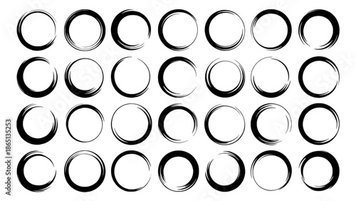 Abstract vector grid of circular brush strokes in black and gray, 25 hollow rings in a 5x5 pattern, minimalist geometric illustration for design