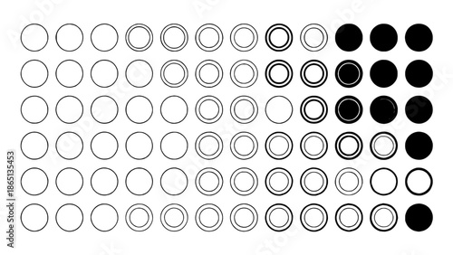 Vector grid of hollow circles gradually turning into solid black discs in a minimalist circular icon pattern, geometric UI design elements