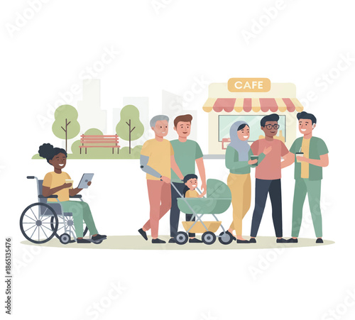 Diverse and Inclusive Group of People Enjoying Leisure Time Outdoors with Cafe