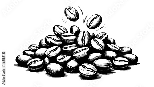 Hand-drawn pile of coffee beans in an ink sketch, scatter of beans mid-air, monochrome vector illustration for coffee branding, cafe menu design