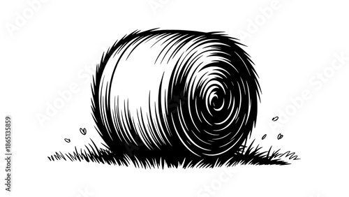 Black and white vector illustration of a round hay bale on grassy ground, detailed line art with rustic farmyard mood and shadows in an outdoor field