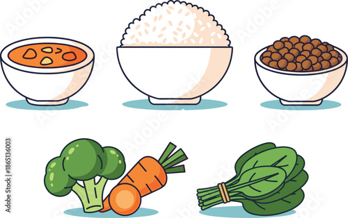 Cartoon healthy food set with soup, rice, lentils, broccoli, carrot, and spinach for balanced diet themes
