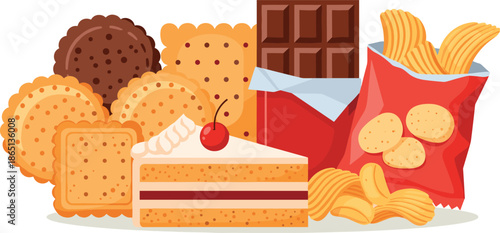Cartoon junk food collection with cookies, cake, chips, and chocolate, ideal for snack, diet, and nutrition themes