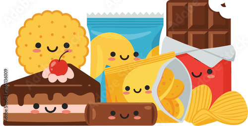 Cartoon snack foods with smiling faces including chips, chocolate, cookie, and cake, perfect for fun food themes