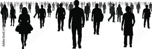 Silhouette crowd of diverse people walking in multiple directions, ideal for urban life, anonymity, and social themes