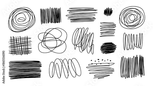 Abstract collection of hand-drawn scribble patterns and line doodles in black on white including spirals loops crosshatch grids and sketch textures