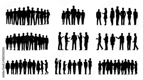 Set of black silhouette figures showing groups and individuals interacting in business and social contexts with handshakes on white vector background
