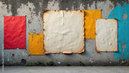 Weathered concrete wall, remnants of vibrant posters, backdrop, graphic, grunge