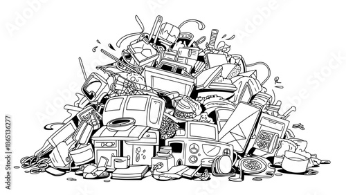Black-and-white line art of a chaotic pile of discarded electronics and e-waste, featuring CRT TVs, computer monitors, keyboards, cables and printers