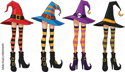 Halloween Witch Legs and Hats Collection with Striped Stockings, Pointy Boots, and Spooky Accessories.