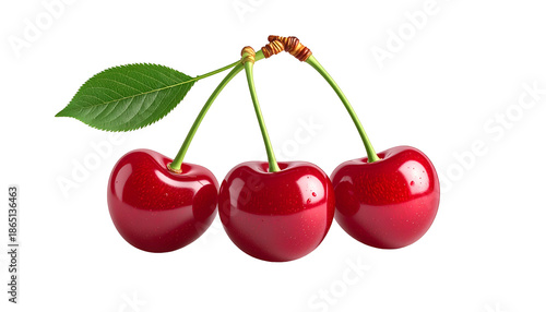 Three glossy red cherries with stems and a single leaf against a black background