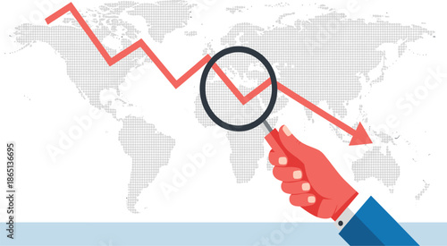 Global Economic Crisis Concept with Hand Holding Magnifying Glass Analyzing Downward Trend over World Map.
