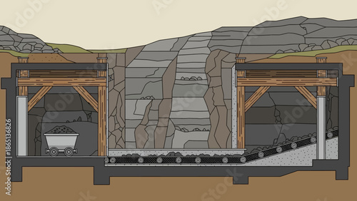 Coal Mine Cross-Section: An illustration reveals the inner workings of a coal mine. It showcases a cart laden with coal and a conveyor belt, set against a backdrop of raw earth.