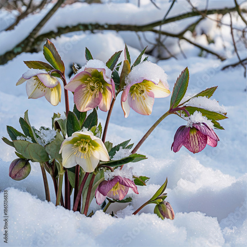 Frosted Helleborus Blossoms Emerging from Winter Snow Close Up