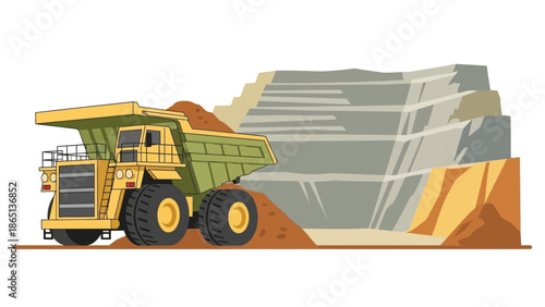 Mining Operation: A massive yellow dump truck hauls a load of earth from a terraced quarry, symbolizing industry and large-scale extraction in an outdoor environment.