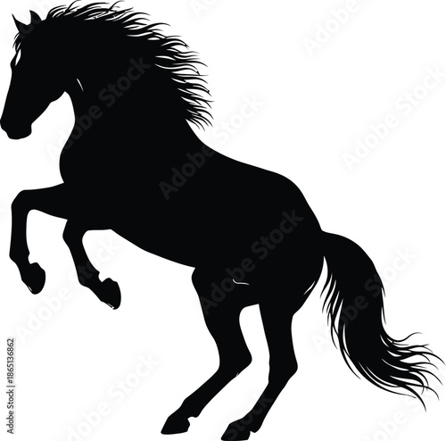 Powerful black stallion rearing majestically conveying strength and freedom