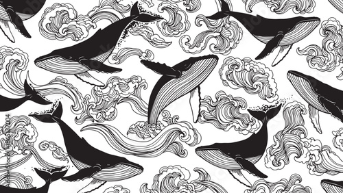 Hand drawn whale illustrations swimming in ocean waves pattern