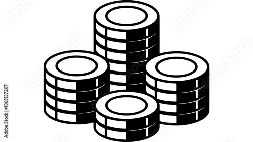 Black and white vector icon showing four stacks of coins with outlines, representing money, savings, finance, and cash flow for business concepts