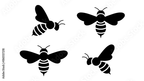 Set of four black bee silhouettes icons in different flying poses on white background, vector flat design for logos, apps, and insect illustrations