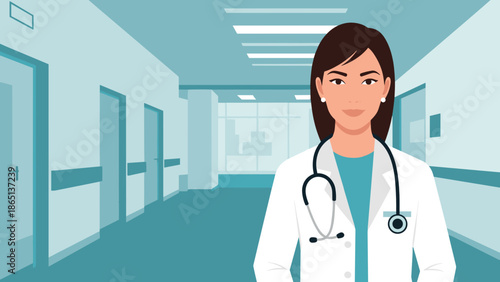 Women's Day Female Doctor in Hospital — Flat Vector Illustration with Light Blue and Teal Professional Palette, Copy Space