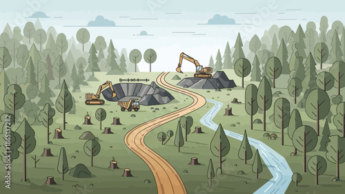 Deforestation in Progress: An illustration shows heavy machinery excavating a forest, revealing the stark contrast between construction and the natural world.