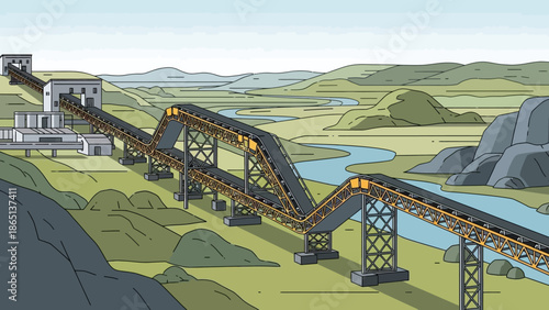 Mining Conveyor and Landscape: A sweeping conveyor belt system traverses a scenic landscape, transporting materials against a backdrop of rolling hills and a winding river.