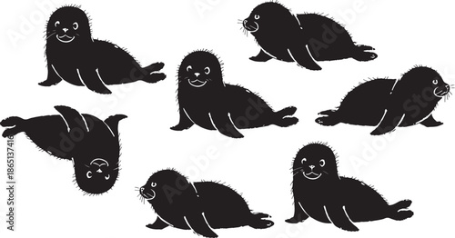Set of cute cartoon sea otters playing and swimming isolated