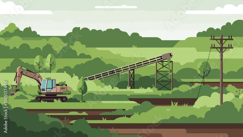 Industrial Landscape of Conveyor Belt and Excavator: A flat illustration depicts an excavator and conveyor belt, symbols of industry working within a verdant environment.
