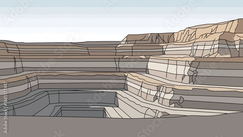 Mining Pit: An illustration showcases a vast, layered mining pit, revealing the complex processes of resource extraction and earth's formations.