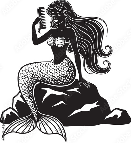 Stylized mermaid with long hair combing underwater isolated on transparent