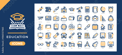 Education icons set collection. Containing books, learning tools, school supplies, science symbols and more. Simple Dual Tone line vector.
