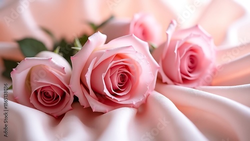 Elegant pink roses artfully arranged on luxurious satin fabric