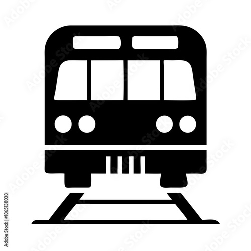 Simple black and white icon of a passenger train on tracks, representing public transportation